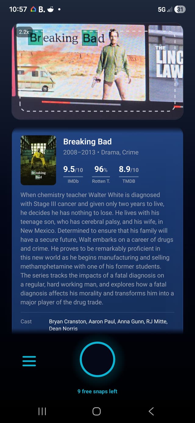 RateSnap results screen on an Android phone showing IMDb, Rotten Tomatoes and TMDB ratings for the TV series Breaking Bad, with plot summary and cast